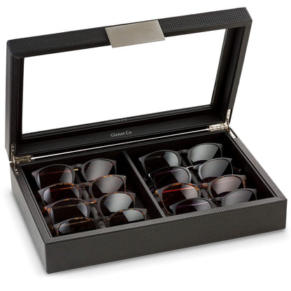Glenor Co Sunglasses Organizer Case - 8 Slot Storage Holder to display Sunglass/Eye Glasses - Modern Box with Clear Glass Top and Metal Buckle for Men and Women - Carbon Fiber Leather Design - Black