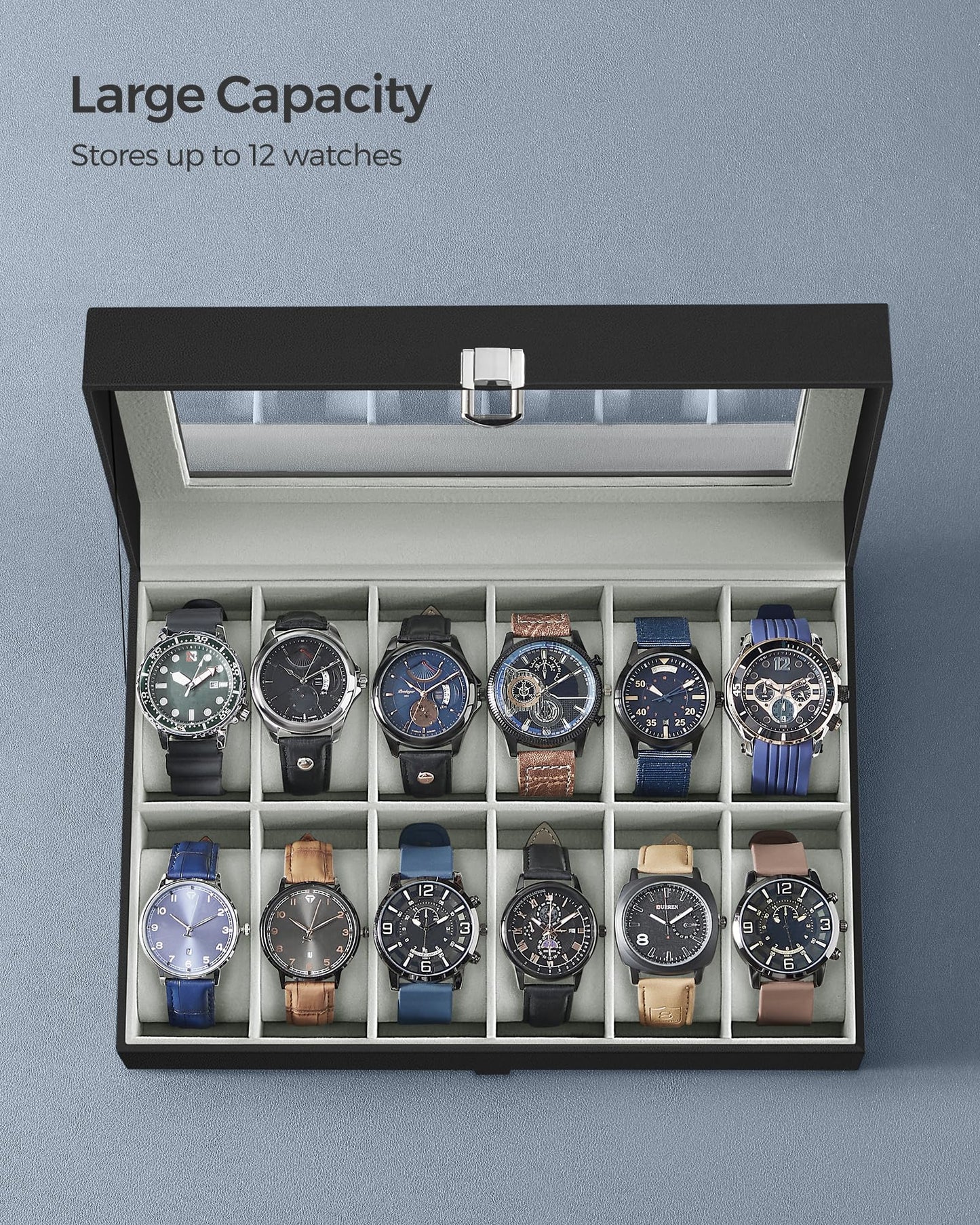 SONGMICS Watch Box, 12-Slot Watch Case Organizer with Large Glass Lid, Removable Pillows, Gift for Loved Ones, Black Synthetic Leather, Gray Lining UJWB12BK