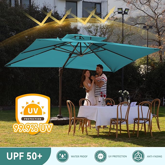 10 X 13 FT Cantilever Outdoor Patio Umbrella with Led Lights Large Heavy Duty 360° Rotation Double Top Offset Rectangular Umbrellas for Backyard Garden Pool Outside Deck, Turquoise