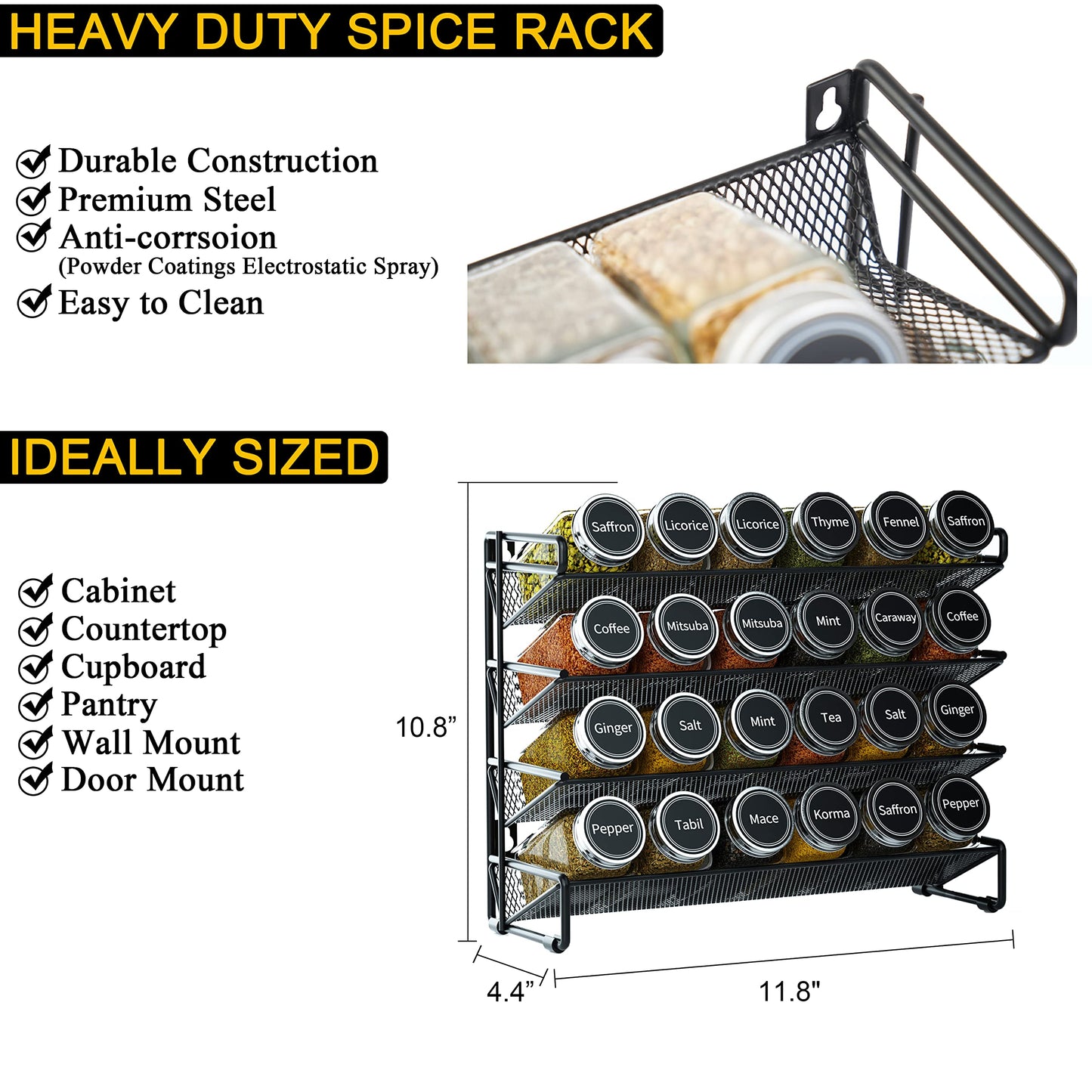 SpaceAid Spice Rack Organizer with 28 Spice Jars, 386 Spice Labels, Chalk Marker and Funnel Set for Cabinet, Countertop, Pantry, Cupboard or Door & Wall Mount - 28 Jars, 13.4" W × 10.8" H, Black