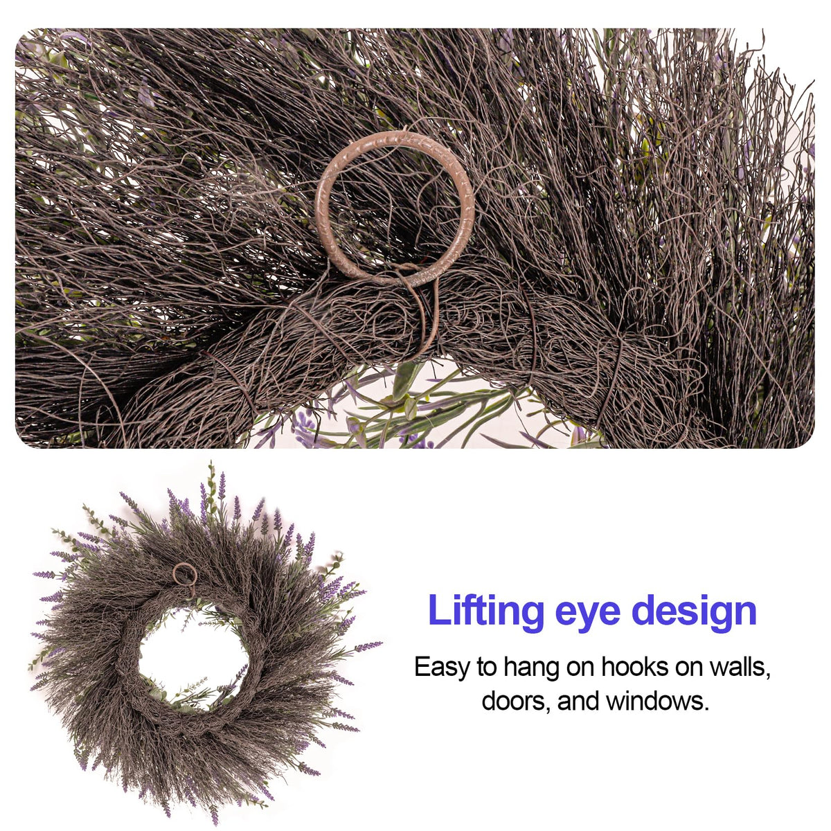 24'' Lavender & Eucalyptus Wreath for Front Door, Window - Artificial Eucalyptus Leaves Greenery Outdoor Wreath for Wedding Farmhouse Porch Wall Room Home Decor