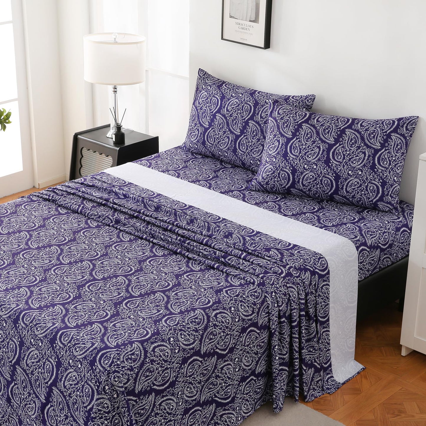 Yibeizi King Size Sheets Set Deep Pocket Purple Paisley Bed Sheet Sets, Floral Printed Soft Microfiber Oeko-Tex Hypoallergenic Sheets & Pillowcases Wrinkle Free Bedsheets