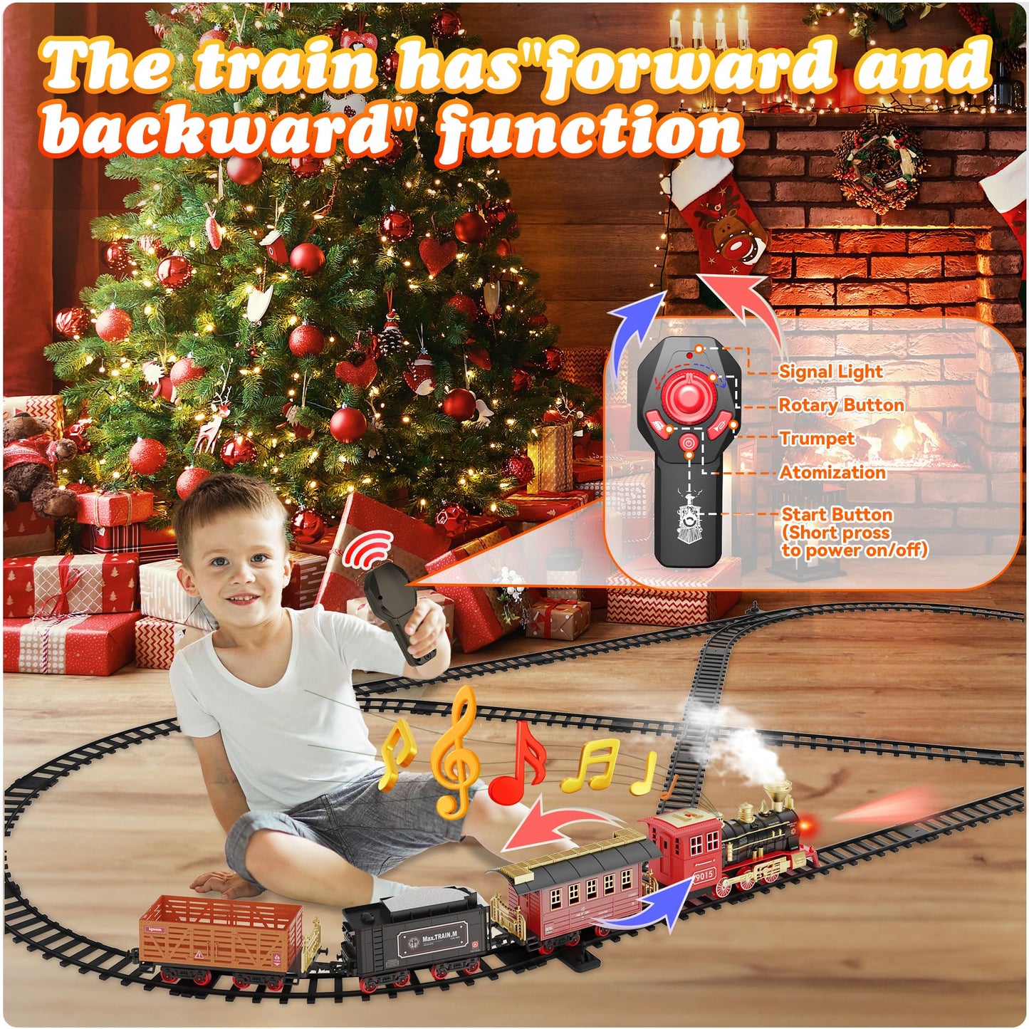 Hot Bee Christmas Tree Train Set with Remote Control and Luxury Track, Electric Train Set for Kids Adults, Train for Around the Christmas Tree, Steam Train Toy with Smoke