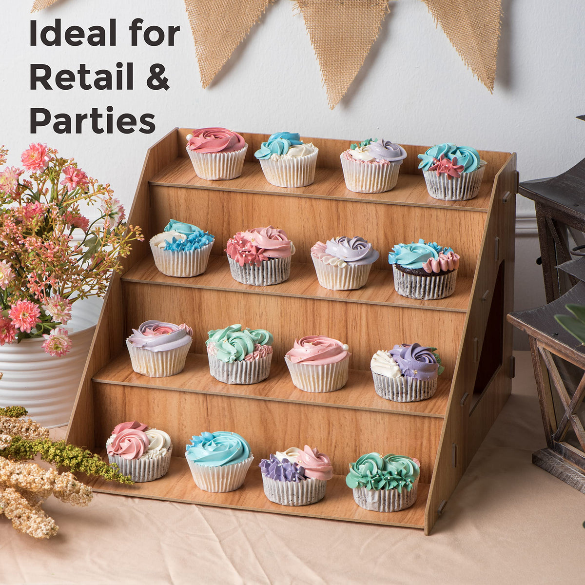 Tapeera 4-Tier Retail Wooden Display Riser - Farmers Market Craft Fair Display Rack - Candle Soap Display Stand for Craft Shows - Wood Countertop Pop Up Shop Display Rack for Tumblers Cupcakes Candy