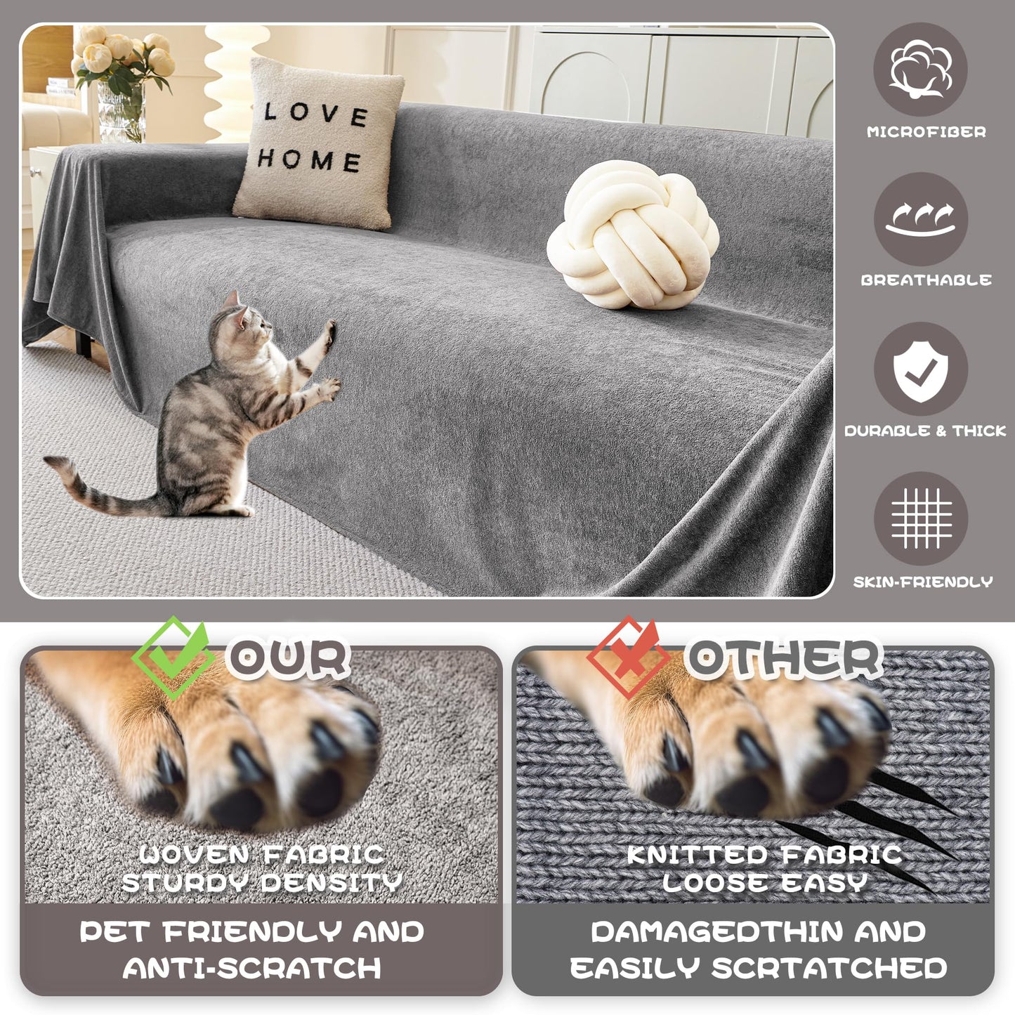 MYSKY HOME Couch Cover Sofa Cover for 2 Cushion Couch, Couch Covers for Dogs, Non-Slip Sofa Slipcover, Sofa Covers Washable, Couch Covers for Pets, Cat Scratch Furniture Protector, 71" x 118", Grey
