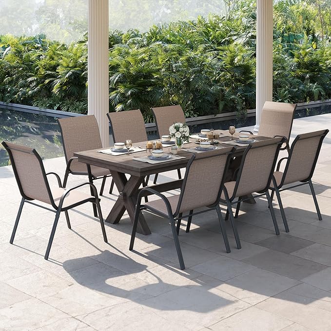 Patio Dining Chairs Set of 8, Outdoor High Stacking Chairs，Breathable Seat Fabric and Alloy Steel Frame for Backyard, Porch, Garden, Sunroom (Light Brown)