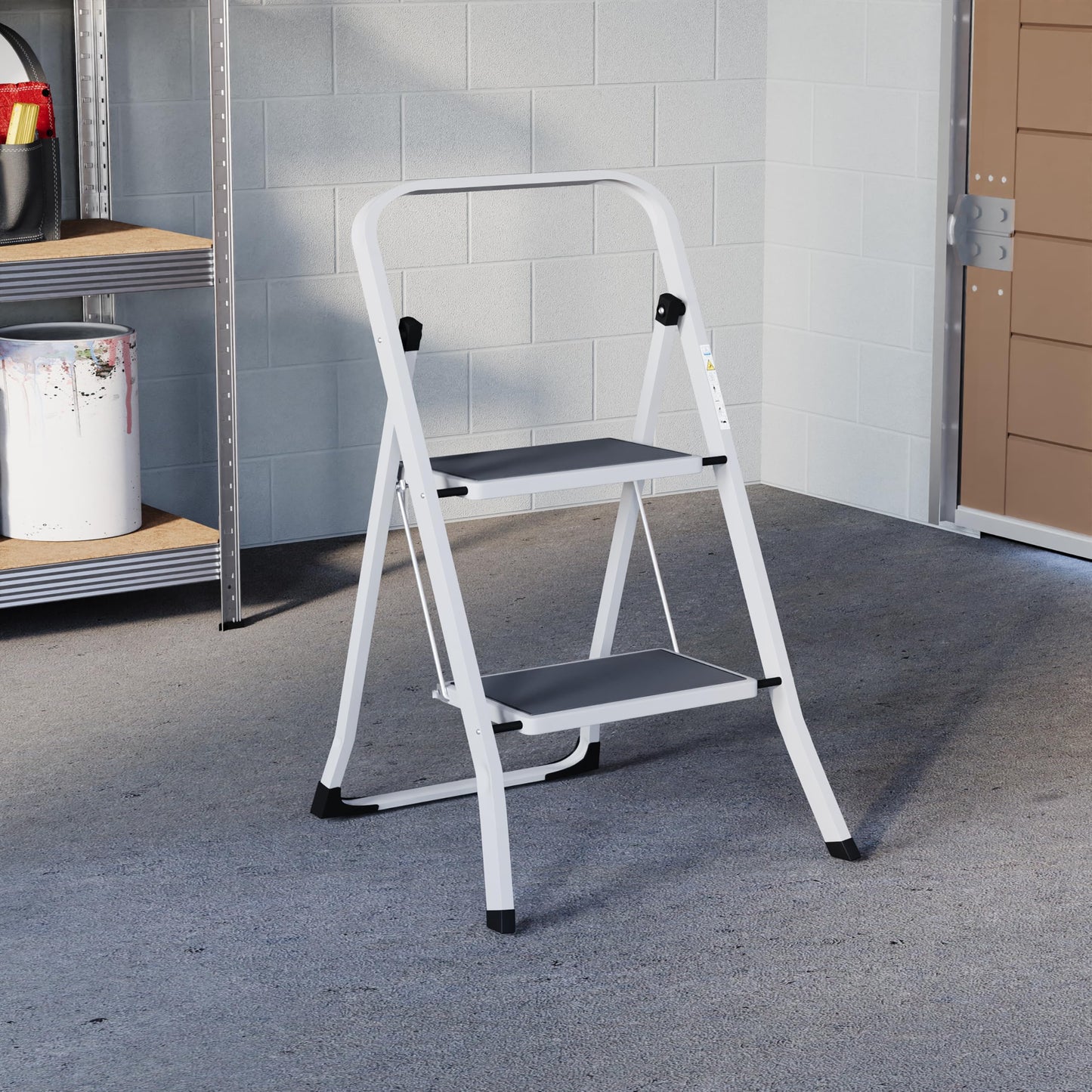 Home Vida 2 Step Ladder - Heavy Duty Steel Folding Ladder with Slip-Resistant and Wide Steps, Folding Mechanism, 150kg Max Load, Home/Kitchen/DIY/Garden Use, White