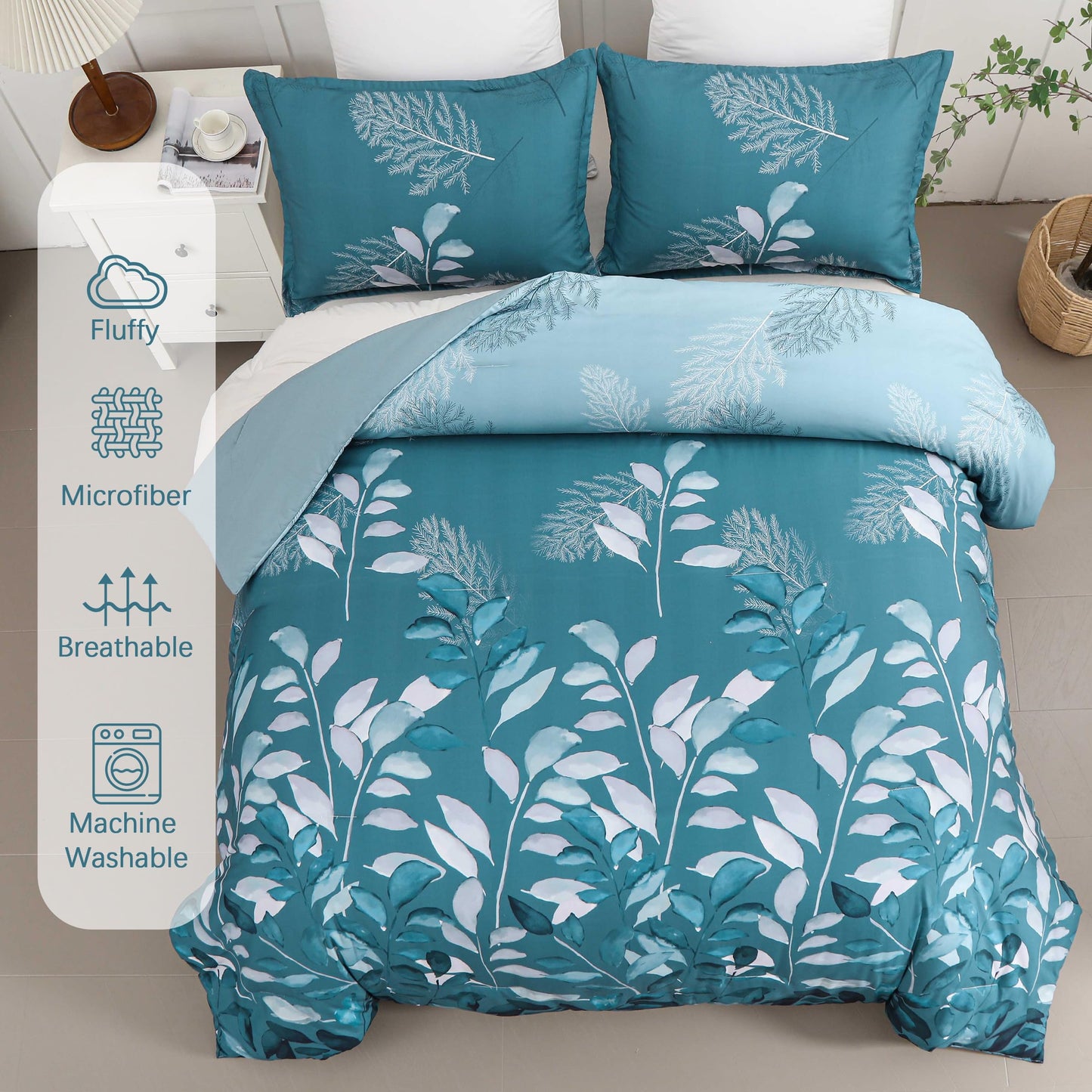 DJY Teal Botanical Comforter Set King, 3 Pieces Blue Leaves Comforter for King Size Bed Reversible Floral Bed Comforter Set Soft Microfiber Bedding Set for All Season