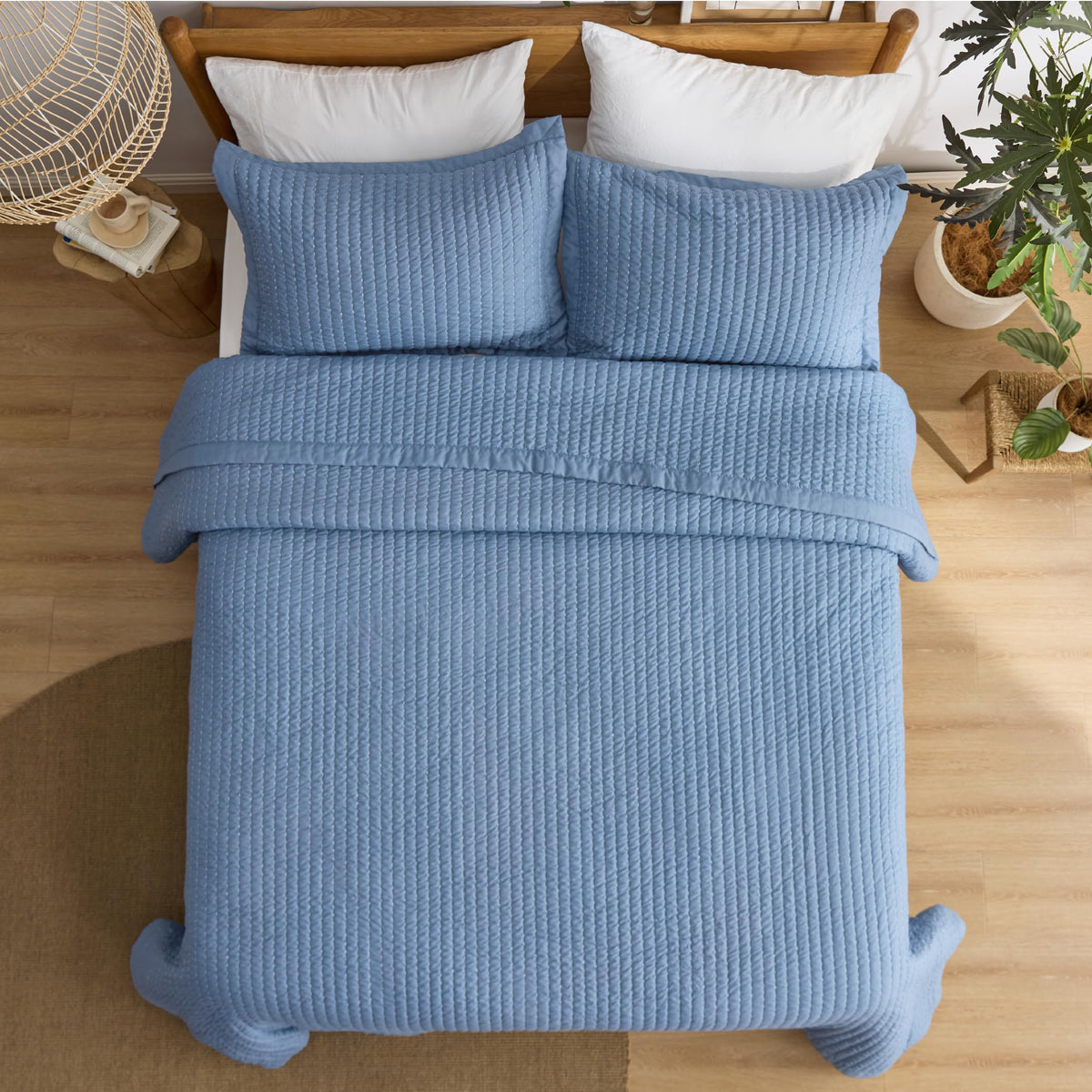Bedsure Blue Quilts King Size - King Quilt Bedding Set Bedspread Coverlet, Lightweight Neutral Striped Bedding, 3-Piece Set with 106"x96" Coverlet & 2 Pillow Shams, All-Season Soft Microfiber