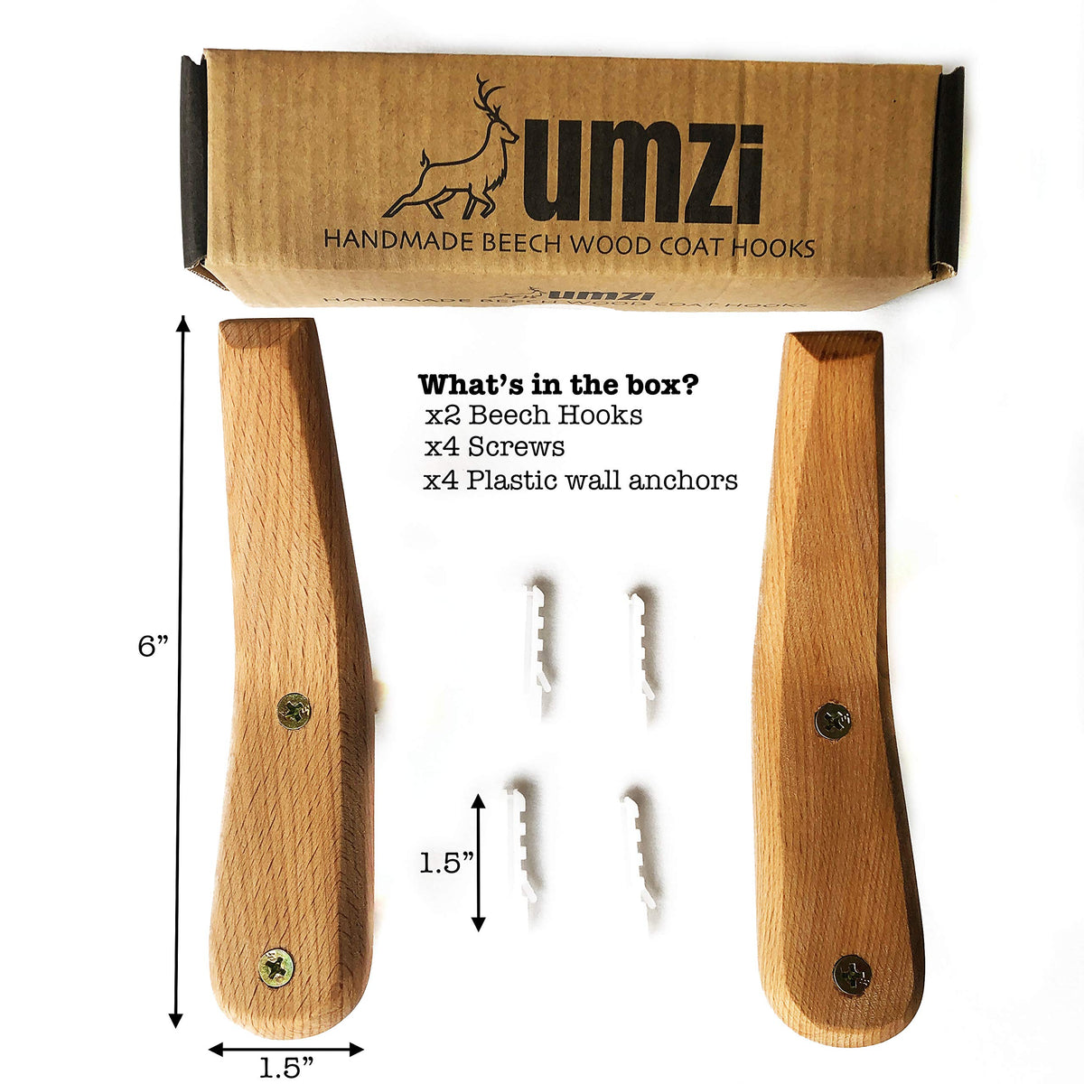 UMZi Wood Wall Hooks, 2 Pack Coat Hooks Mounted Rustic Wooden Heavy Duty Robe Hook Hat Rack | for Hanging Bathroom Towels Clothes Hanger (Beech Wood)