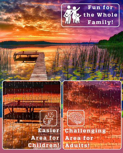 Puzzles for Adults 1000 Pieces – Ideal Gift for Loved Ones, Gift-Ready Box, Letters on Back, 8 Jigsaw Puzzle Saver Sheets & Full-Size Poster – Scenic Landscape Sunset with Dock & Lilies by GERJATO