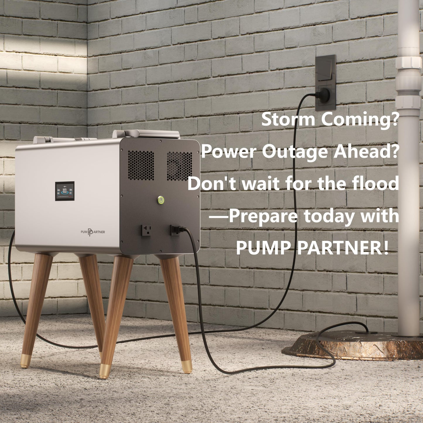 Pump Partner Heavy-Duty automatic backup power station for 120v sump pumps. Built-in 51.2V 40Ah LiFePO₄ battery, Specifically designed for extreme weather, and homes facing 1–3 day power outages.