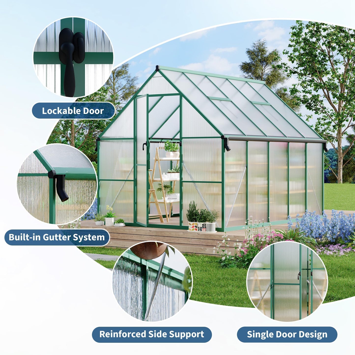 8x10 FT Outdoor Polycarbonate Greenhouse, Aluminum Frame Walk-in Greenhouse with Ventilation Windows & Rain Gutters, Heavy Duty Green House for Backyard Garden Patio Plant Growing