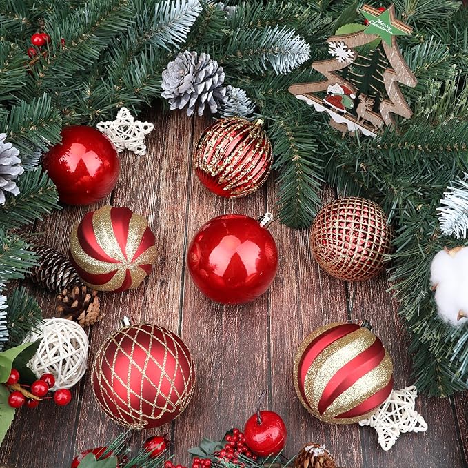 SHareconn 80mm Christmas Balls Ornaments,12PCS Colored Shatterproof Plastic Decorative Hanging Tree Decorations Baubles Set for Xmas Tree Decor Holiday Party Wedding Decoration with Lanyard,Red & Gold