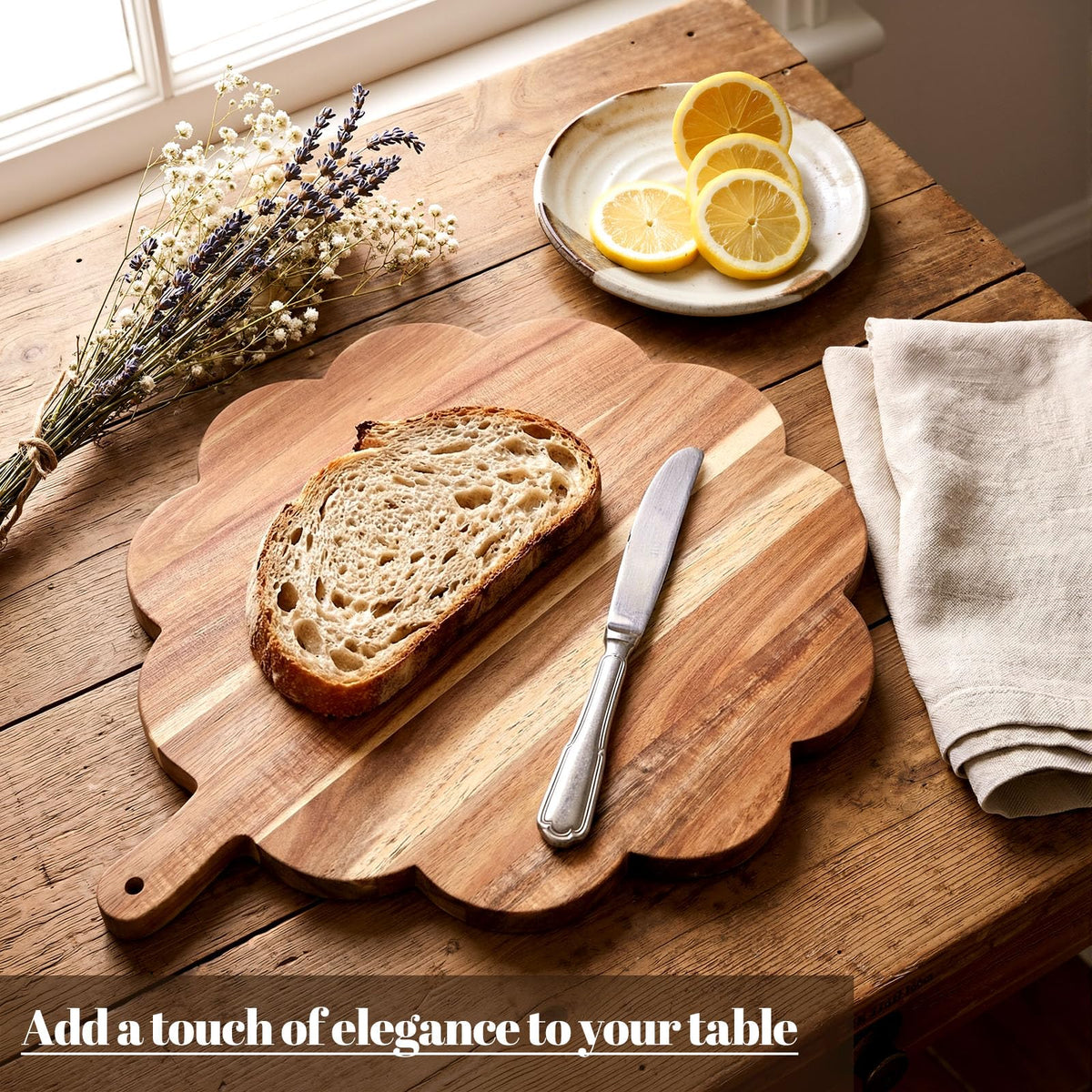 Havawish Scalloped Acacia Wood Boards Wooden Cutting Board for Bread Meat Cutting Boards Fruit Cheese Serving Butcher Block Supplies 11.81 x 11.81 x 0.63 Inches