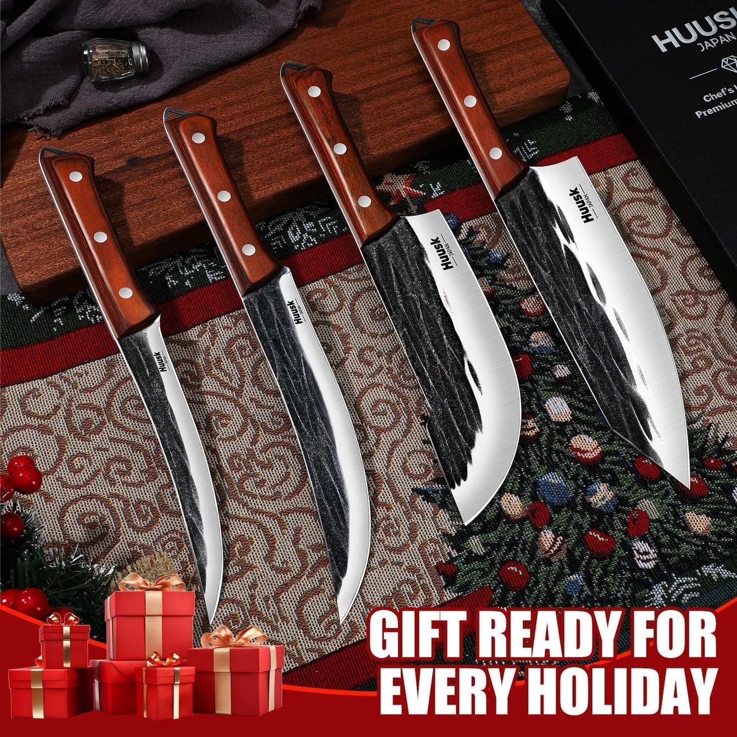 Huusk Butcher Knife Set, 4 PCS Hand Forged BBQ Knife Set for Meat Cutting, Sharp Meat Carving Breaking Knives with Ergonomic Handle, Christmas Gifts for Men Women