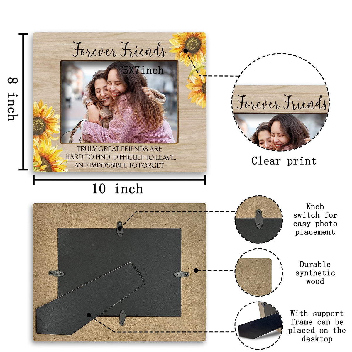 FONDCANYON Forever Friends Sunflower Picture Photo Frame, Bestie Bff Friendship Gifts For Men Women Friends Birthday Christmas Girls (5x7 Inch Photo)