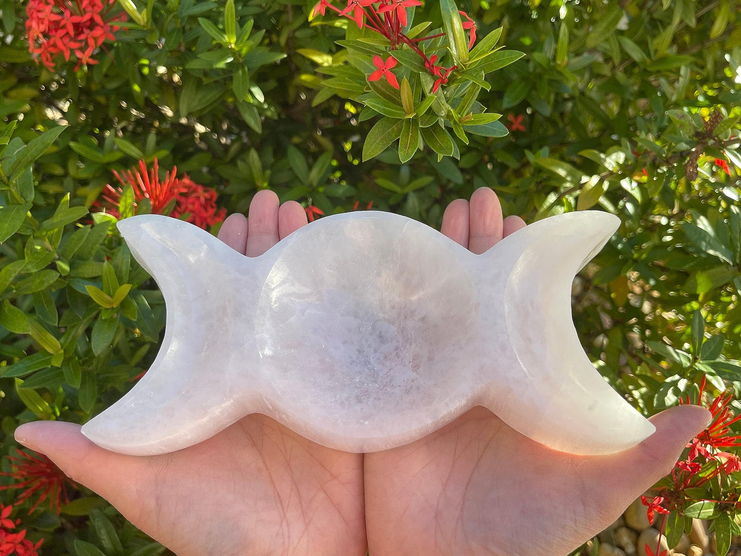 GAF TREASURES 8" Triple Moon Selenite Bowl, Gemstone Carved Selenite Crystal, Meditation Bowl, Reiki Bowl, Jewelry Holder, Crown Chakra, Cleansing, Charging, Healing