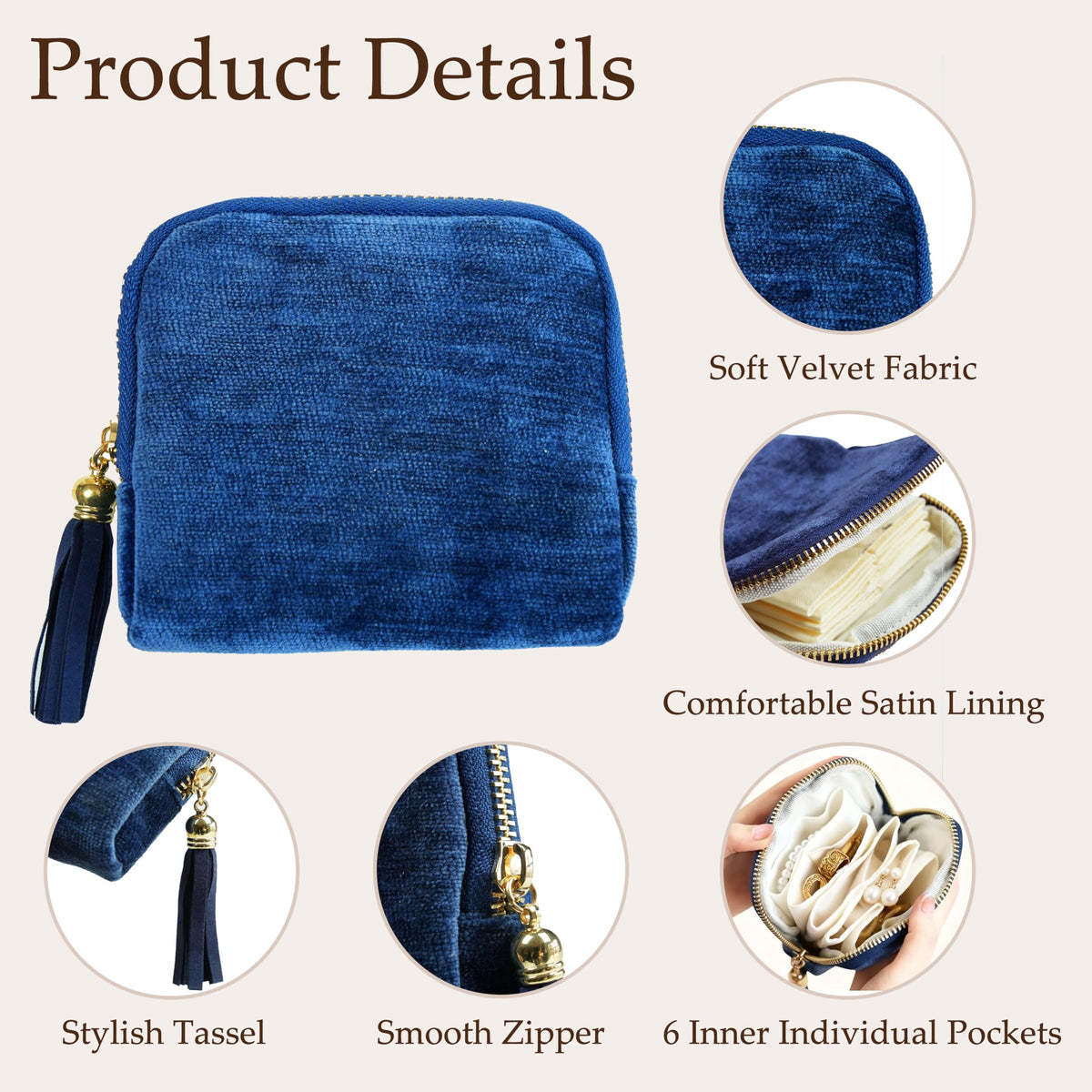 Travel Jewelry Case, Portable Jewelry Box with Organizer Pouches, Tassel Zipper, Small Storage Bag for Necklaces, Bracelets, Rings, Earrings and Gemstones, Valentines Gift for Women（Sapphire Blue）