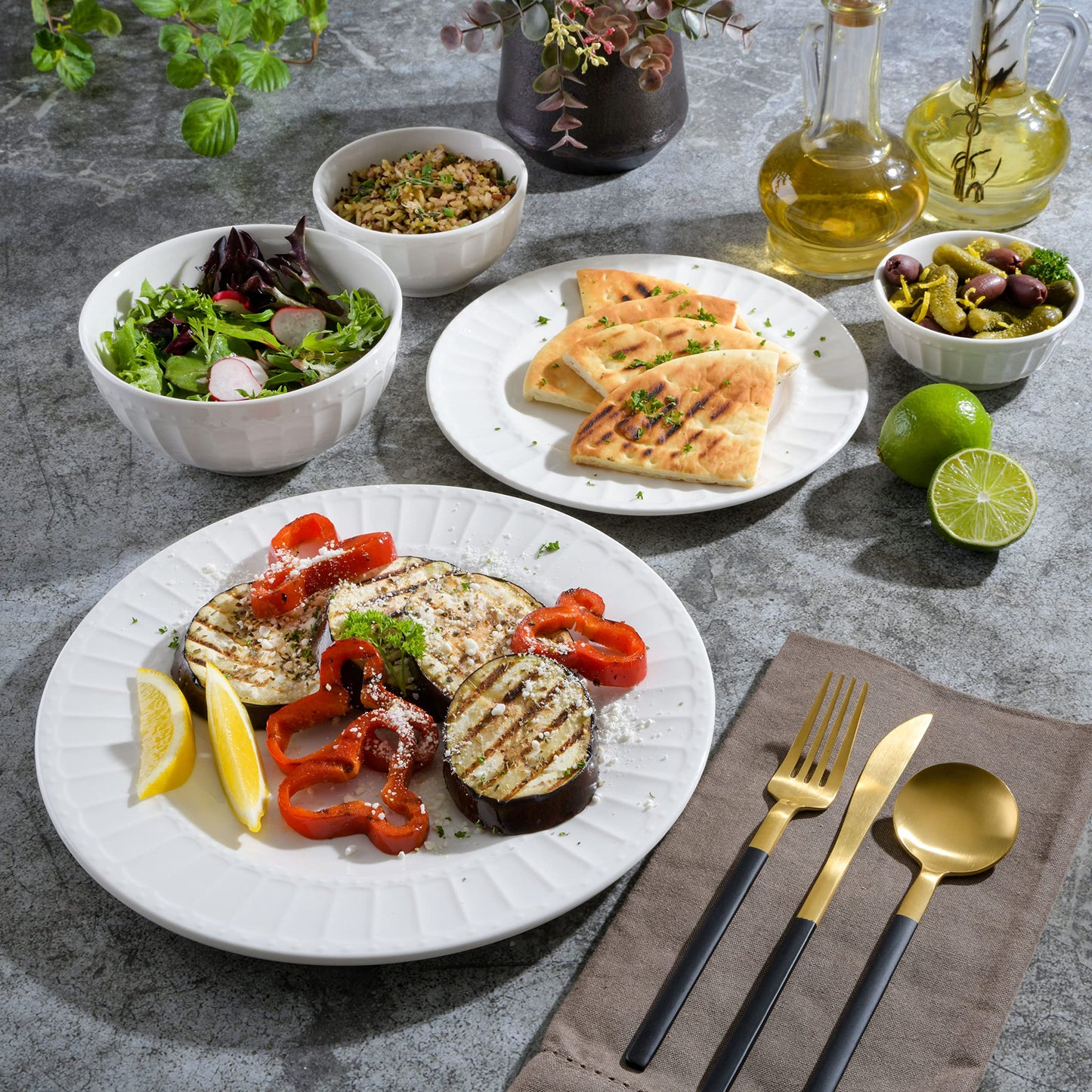 Gibson Home Zen Buffet Porcelain Ceramic Dinnerware Sets for 8, Plates and Bowls Set (40pcs), White Embossed Dishes