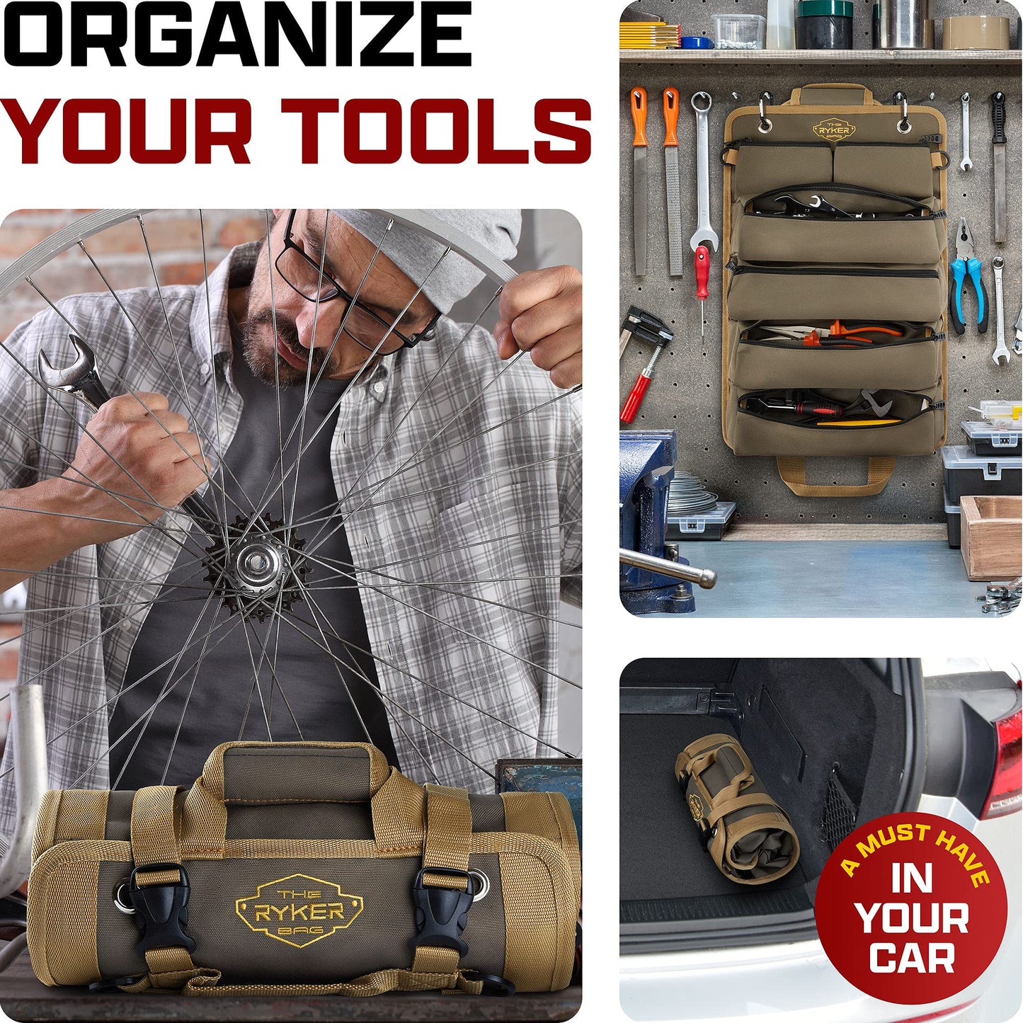 The Ryker Bag Tool Organizers - Small Tool Bag W/Detachable Pouches, Heavy Duty Roll Up Tool Bag Organizer : 6 Tool Pouches - Gifts for Dad Tool Roll Organizer For Mechanic, Electrician & Hobbyist