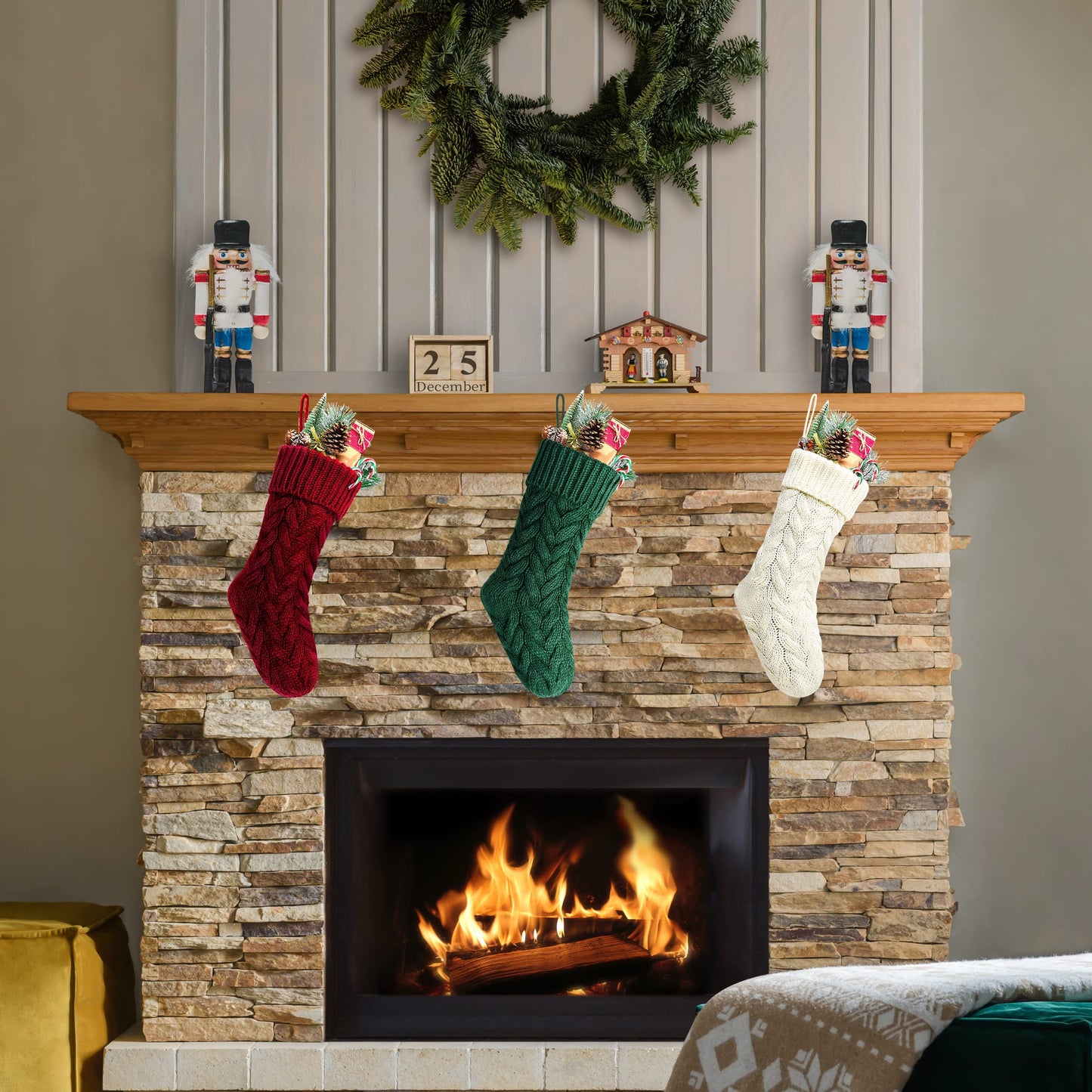 Kunyida 18 Inches Burgundy, Ivory, Green Knitted Christmas Stockings,3 Pack