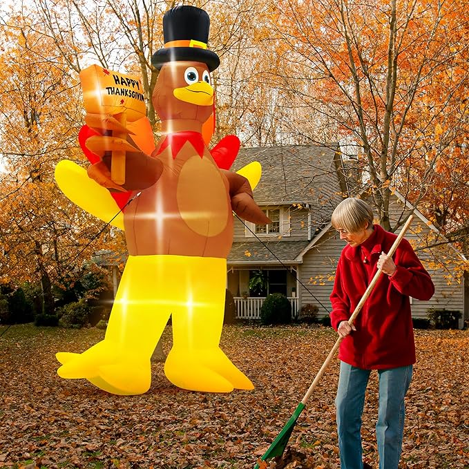 12FT Inflatable Turkey, LED Lighted Turkey Holding Happy Thanksgiving Sign for Fall Autumn Outdoor Yard Lawn Harvest Decor