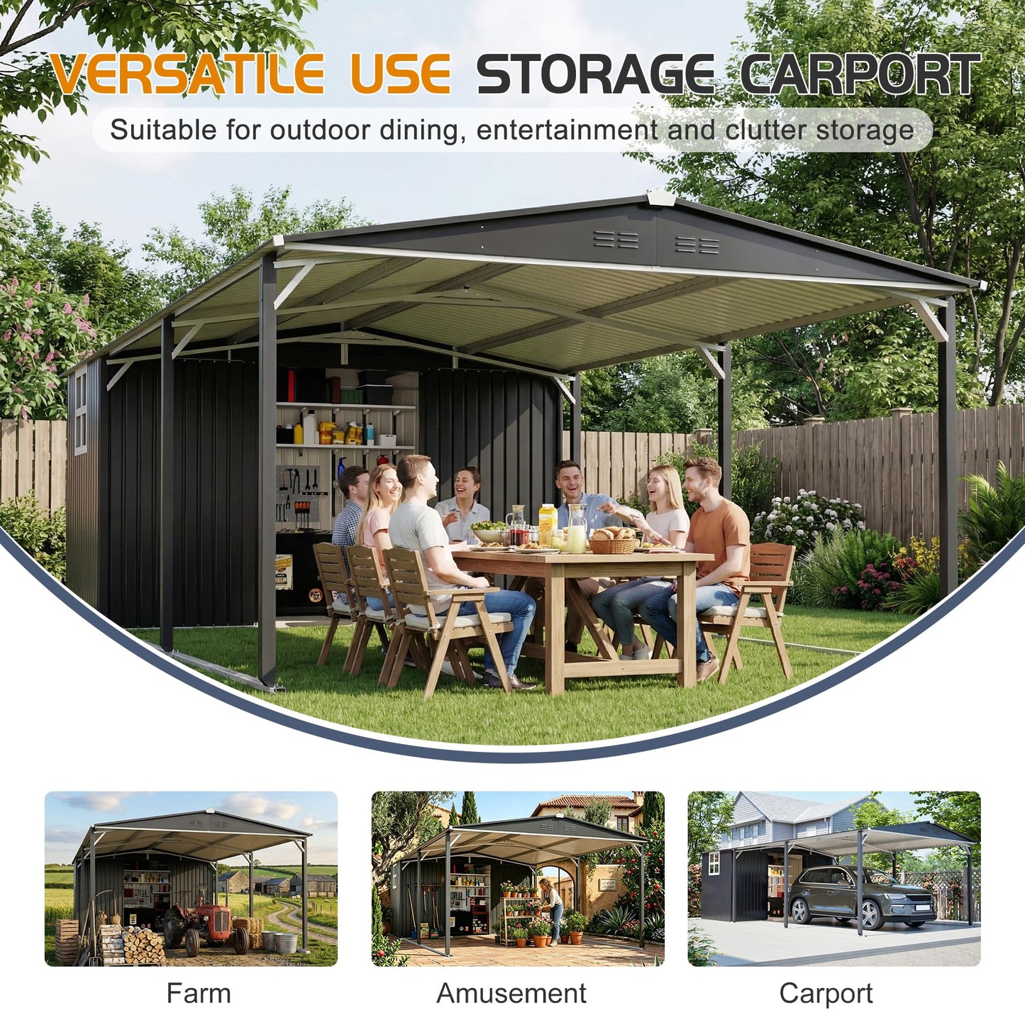 ZMAD 12'x23' Metal Carport Storage Shed, Heavy Duty Steel Garage with Sliding Door, UV Panel & Waterproof Sloped Roof, Reinforced Structure for Car Boat Tractor Farm (Grey, Style A)