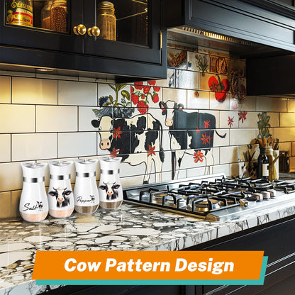 Cow Salt and Pepper Shakers Set,4 oz Glass Bottom Salt Pepper Shaker with Stainless Steel Lid Animal Decorations Country Kitchen Decor Farmhouse Gifts for Farmers(Cow)