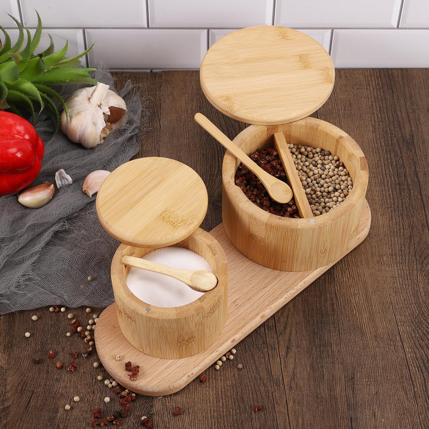 RAETTER.LY Natural bamboo Salt and Pepper Bowl, Bamboo Salt Cellar and Spices Storage Box With Built-in Spoon and Magnetic Swivel Lid (Two Compartments)