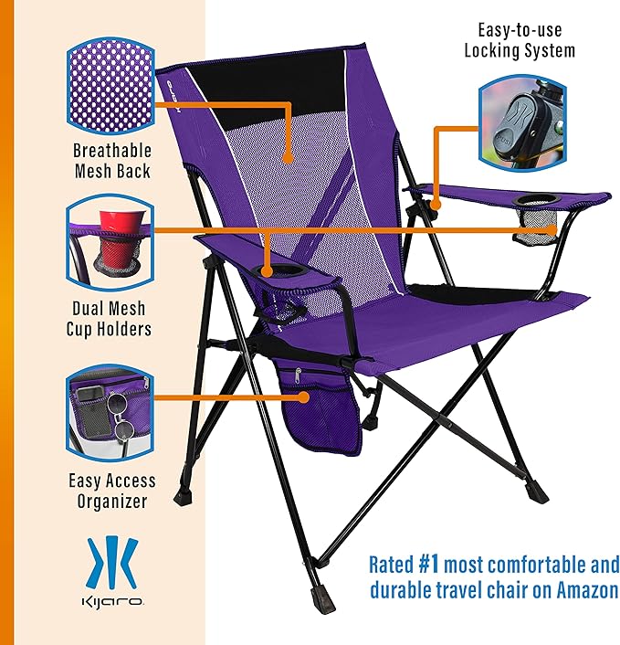 Kijaro Dual Lock Portable Camping Chairs - Enjoy the Outdoors with a Versatile Folding Chair, Sports Chair, Outdoor Chair & Lawn Chair - Dual Lock Feature Locks Position – Kawachi Purple