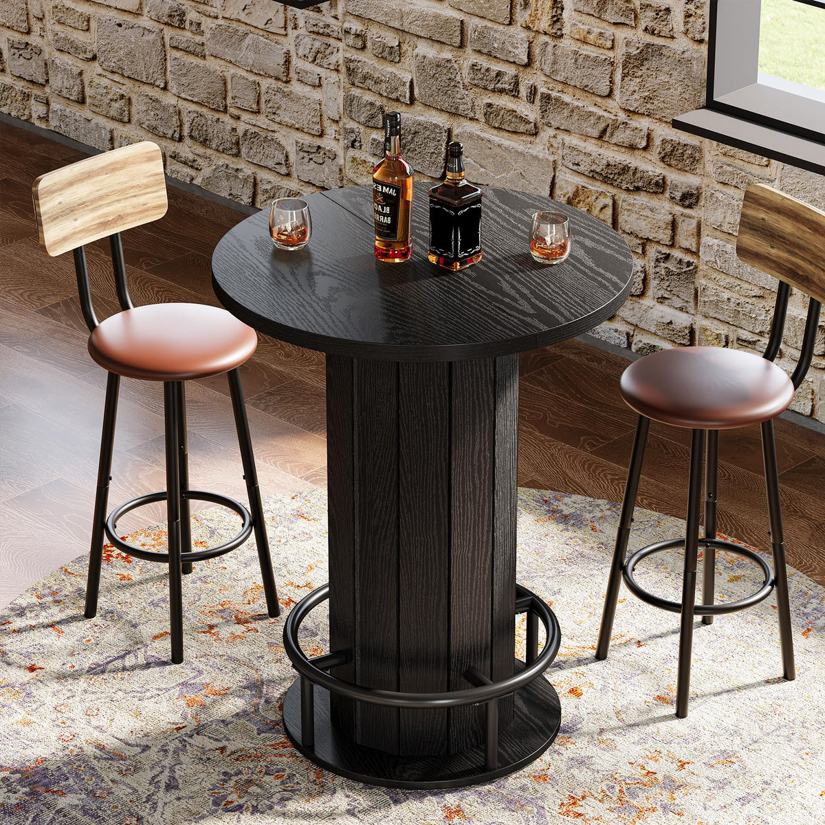 Tribesigns Round Bar Table, 39.4" H Wood Bistro Pub Table with Metal Ring Footrest for Dining Coffee Cocktail Living Room, Small Space, Black (Only Table)