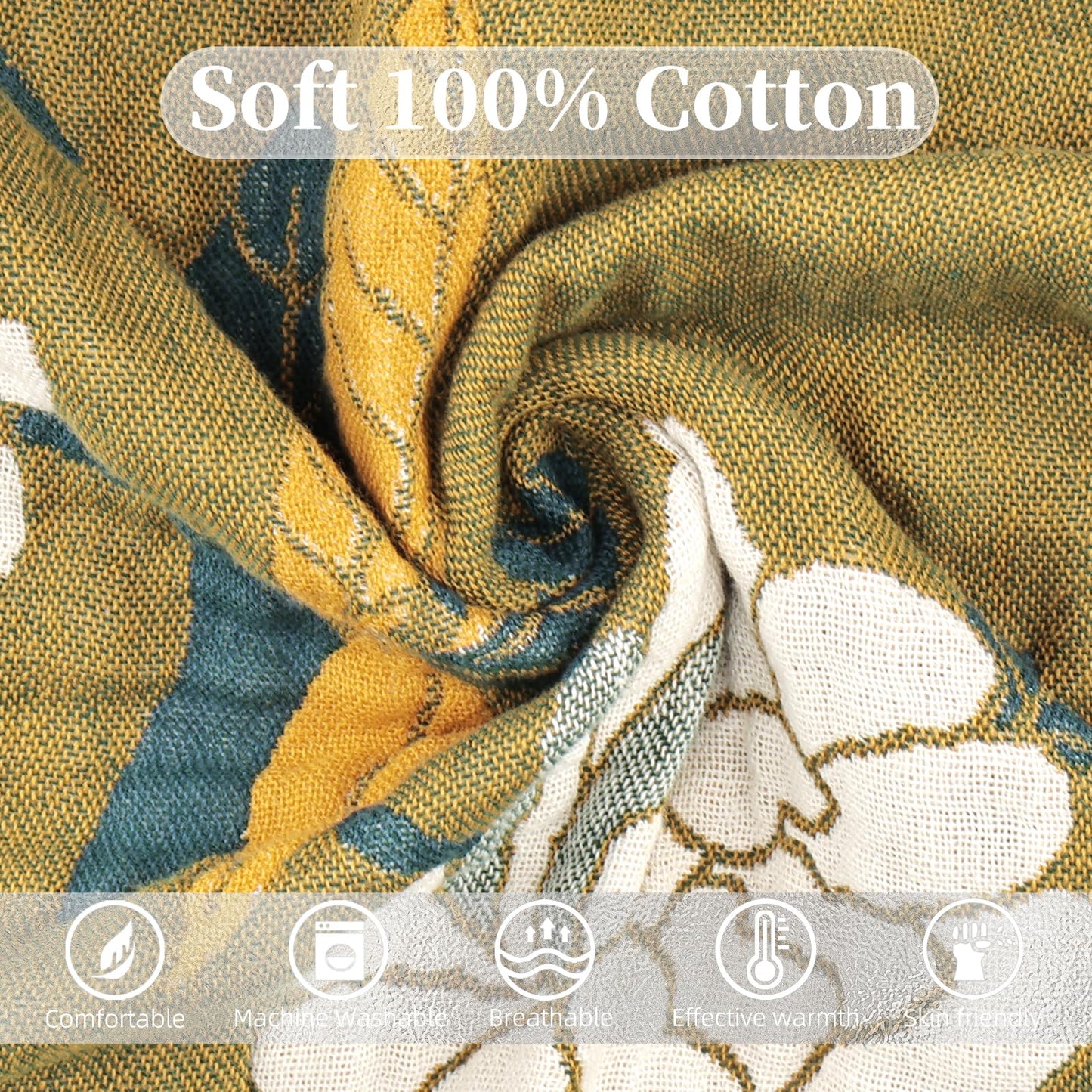 Shesyuki Boho Throw Blanket for Bed - 100% Pure Cotton Ultra Soft Rustic Quilt - Farmhouse Decor Bed Blankets, All Season Rustic Throw for Sofa Couch Chair(91''x 98'', Flower Branch)