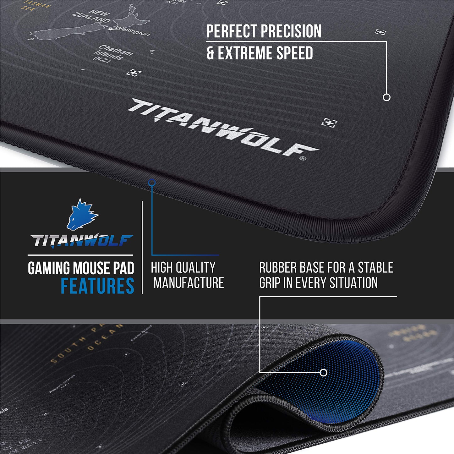 TITANWOLF World Map XXL Speed Gaming Mouse Pad Mouse Mat - 900 x 400 x 3mm - XXL mousepad - Table mat large size - improved precision and speed - Design Planisphere