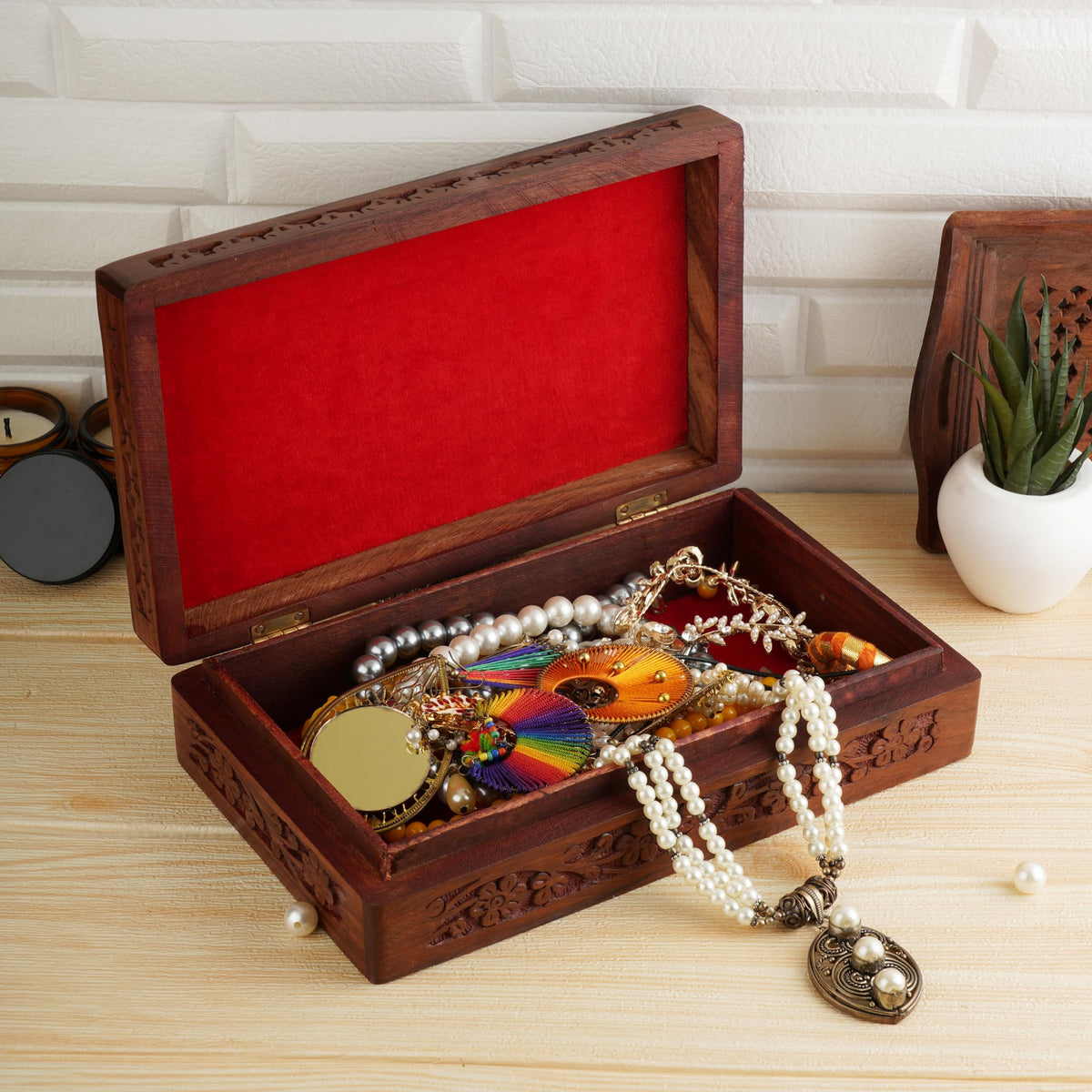 Ajuny Wooden Handcarved Decorative Jewelry Storage Box Flower Design Multipurpose Treasure Chest Keepsake Organizer Necklaces Watch Boxes Great for Gifts 8x5 Inch