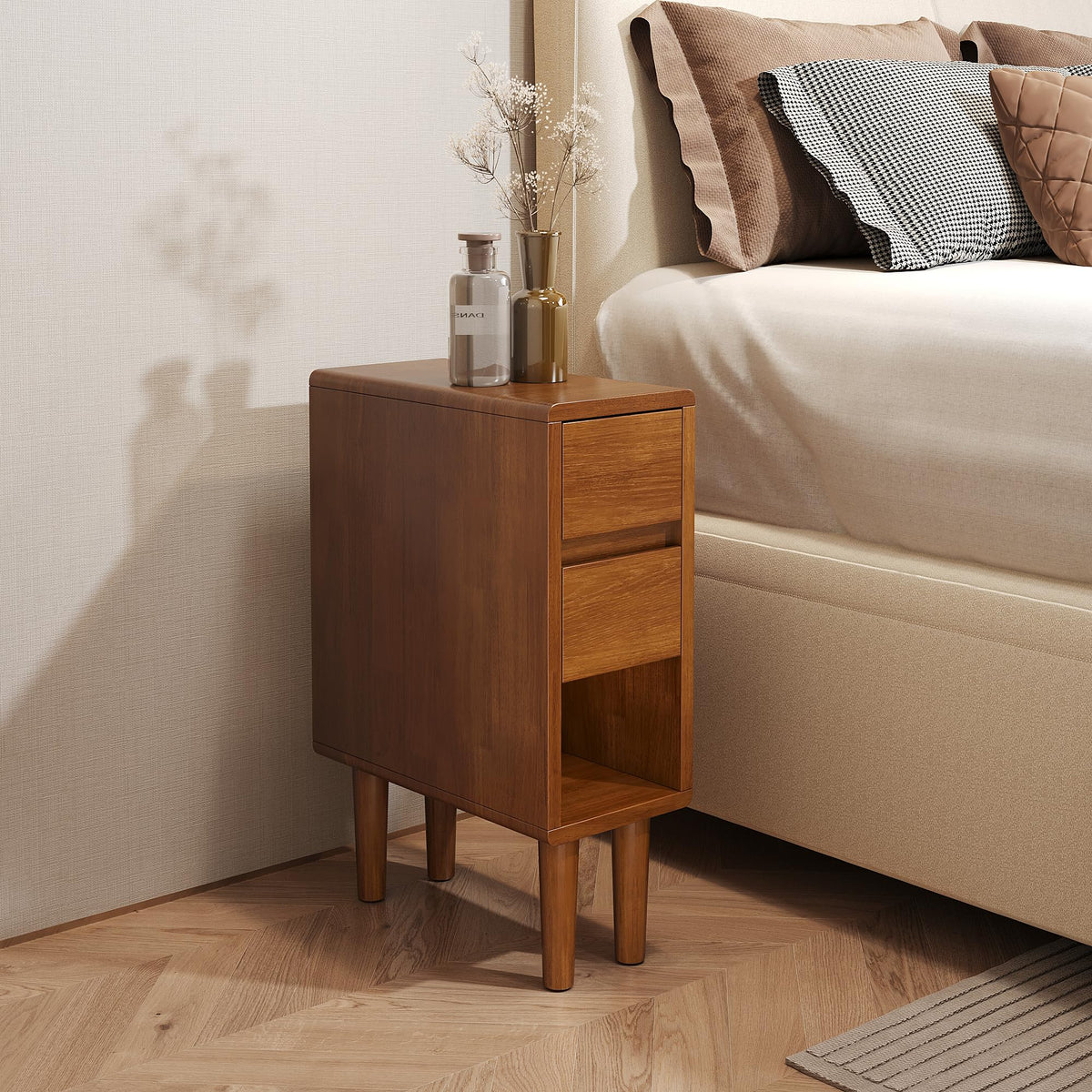 Narrow Nightstand 2 Drawers with Open Shelf Narrow Night Stand Solid Wood Bedside Table Mid Century Modern Nightstand Wooden End Table for Bedroom, Study, Office
