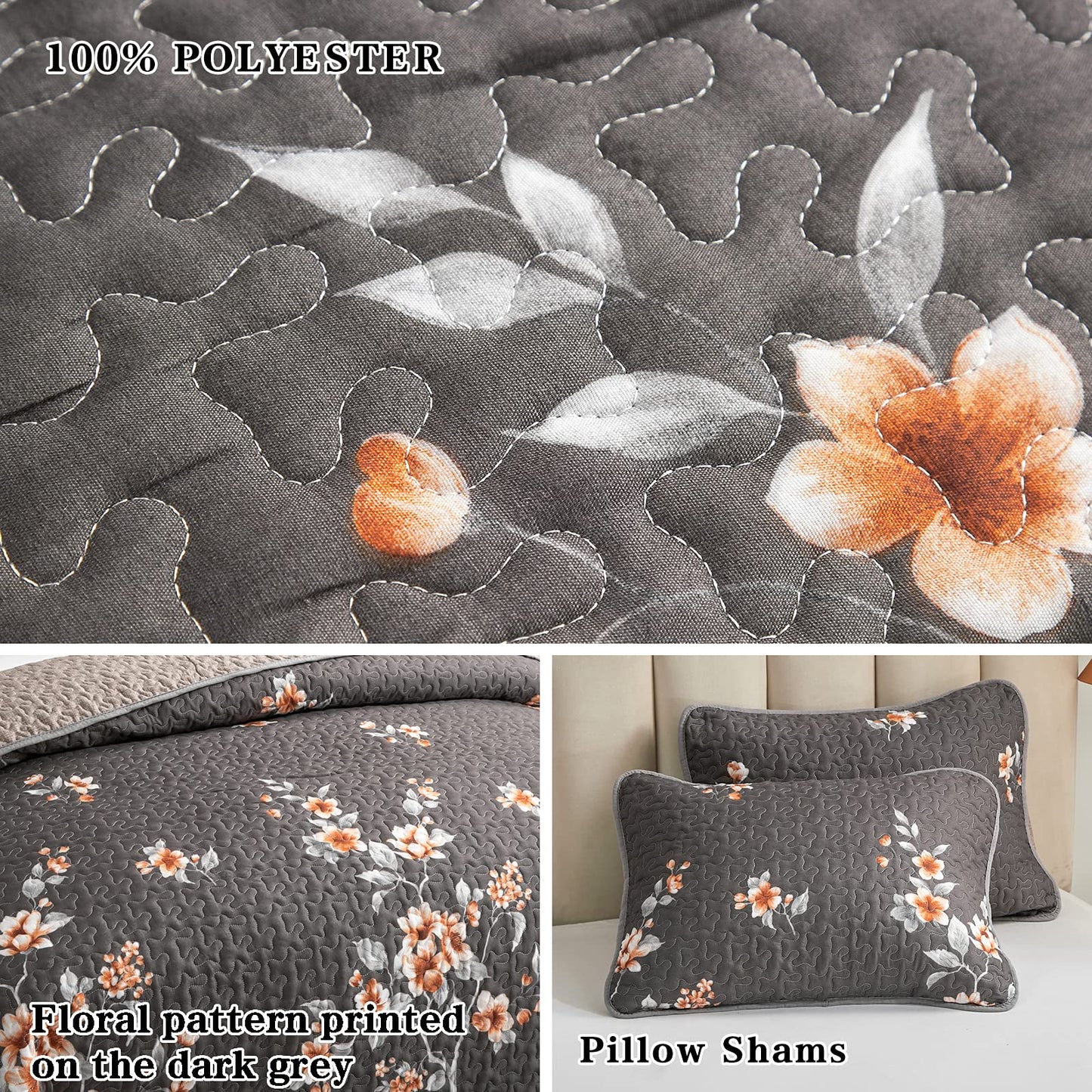 Flysheep 2 Pieces Quilt Set Twin Size, Dark Gray Floral Reversible Bedspread Coverlet Set, Soft Microfiber Lightweight Bed Cover for Kids (68" x 86", 1 Quilt+ 1 Pillow Sham)
