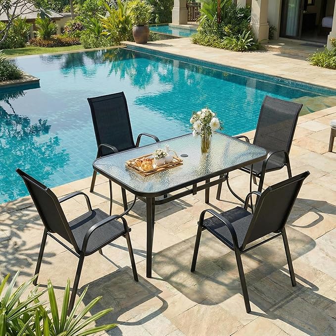 MAMIZO Patio Dining Chairs, Stackable All Weather Teslin Chair, Heavy Duty Outdoor Breathable Chairs Set, w/Armrests, Upgraded Chair FeetW/Strenthened Iron Spacers, 330 LBS (4, Black)