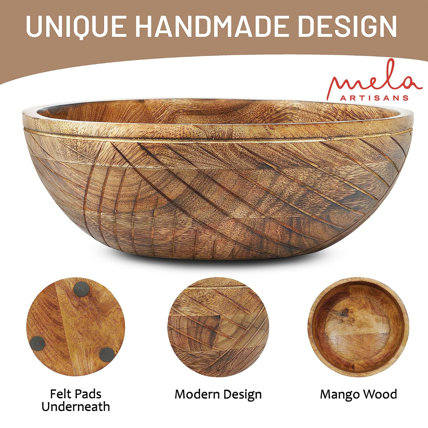 Mela Artisans 12 in Wide x 4.5 in Tall Jai Valley Mango Wood Bowl with Felt Pads – Hand-Carved Decorative Serving and Fruit Bowl with Light Burnt Finish for Kitchen Counter, Salad, Snacks and Bread