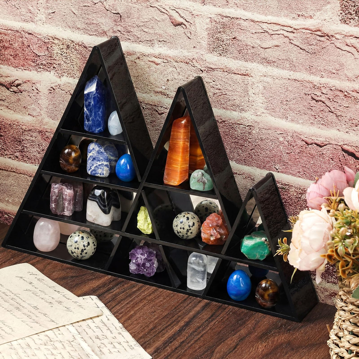 Cinnvoice Rock Display Case Adjustable 11 Grids Acrylic Display Case with Mirrored Crystal Organizer for Collectible, Crystal, Stones, Wall Mountable, Magnetic Door(Black Border, Mountain Style)