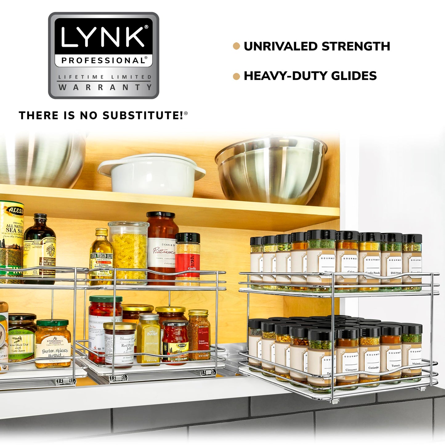 LYNK PROFESSIONAL® Pull Out Spice Rack Organizer for Inside Kitchen Cabinets - 4-1/4 inch Wide - Slide Out Drawer – Chrome Sliding Spice Cabinet Organization Shelf Racks - 2 Tier