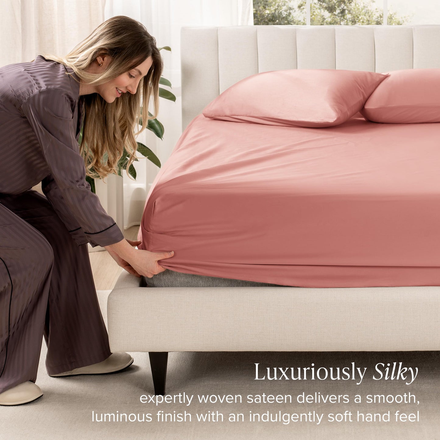 Bare Home 100% Organic Cotton Sateen Fitted Sheet - 400 Thread Count - Smooth Sateen Weave - Breathable & Cooling - Hotel Luxury - Durable Fitted Sheet - Deep Pocket (King, Dusty Rose)