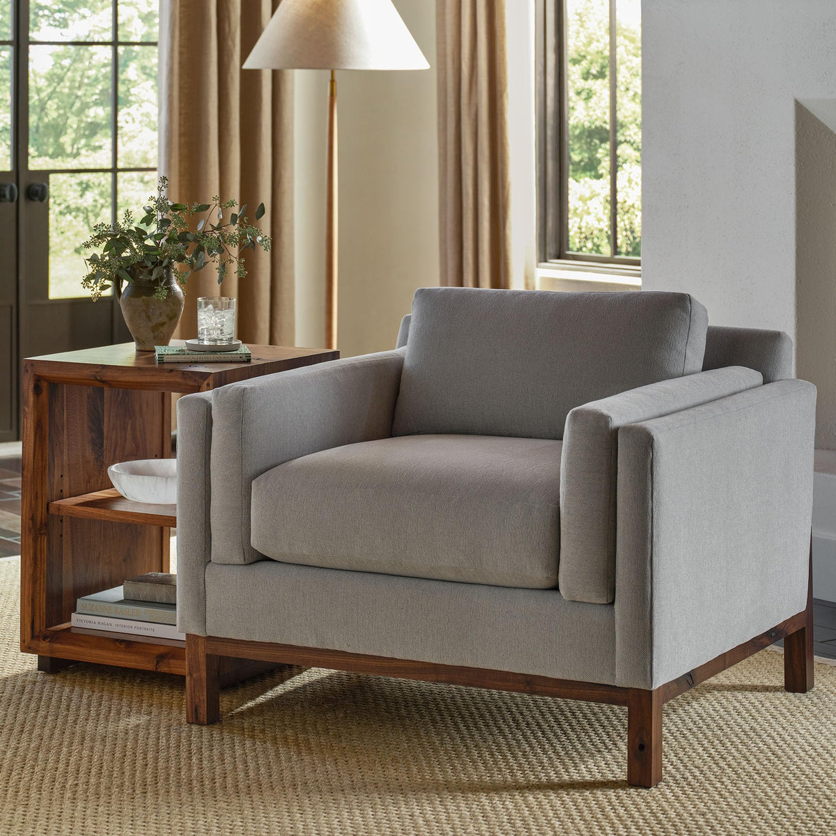 Stickley Saranac Chair, Lounge Chair, Solid Rustic Walnut Base, Sustainable Construction, Sewn-in Pillows, Sustainable Easy-Care Fabric, Square Legs, Made in USA