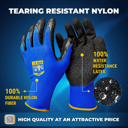 S&R Work Gloves – 12 Pairs, Size XL/10, Latex-Coated Nylon Protective Gloves for Indoor & Outdoor Use