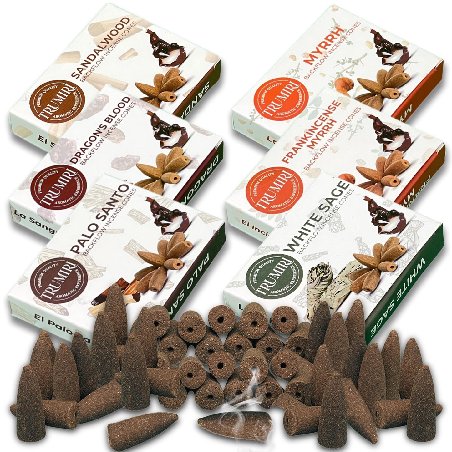 Woody - Backflow Incense Cones for Waterfall - Scented Inscents-Cones - Sandalwood, Dragons Blood, Palo Santo, White Sage - Insiensos Aromaticos - 6x10=60 Large Variety Pack - Back Flow Down Reverse