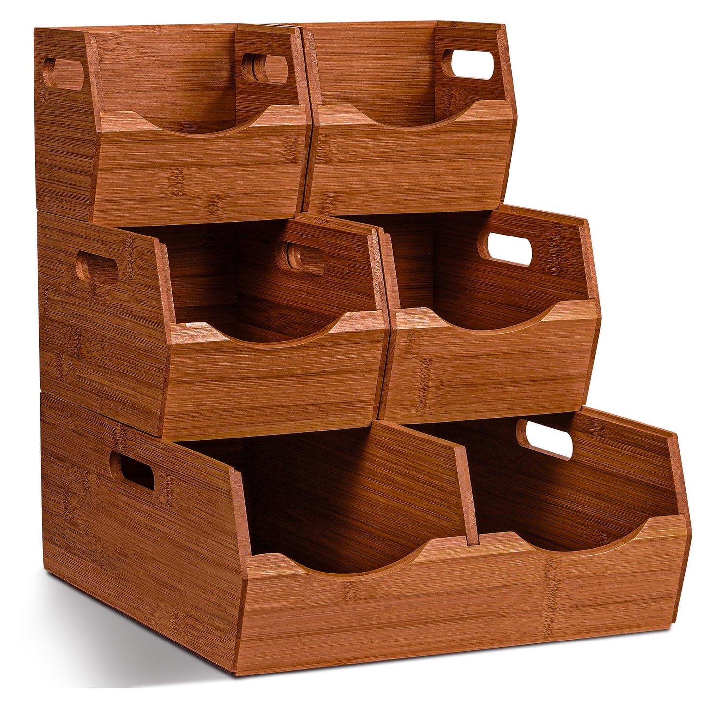 [Upgraded] 3-tier Stackable Bamboo Pantry Storage Bins, Potato and Onion Storage Baskets with Handles, Removable Divider, Pantry Organizer Holder for Kitchen, Office, Cabinet, Fruit Storage (Walnut)
