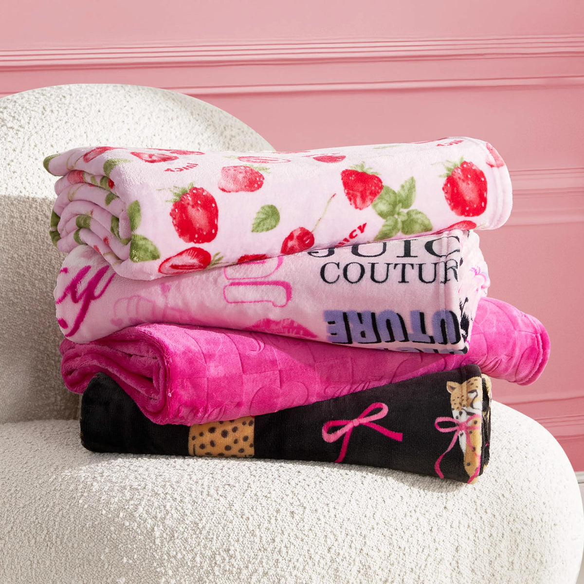 Juicy Couture Embossed Heart 50" x 70" Plush Throw Blanket, Hot Pink - Decorative Blankets for Sofas, Throws for Chairs, and Beds