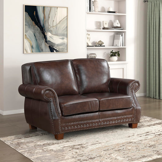 Lexicon 64.5" Loveseat, Top Grain Leather Match Loveseat Sofa with Nailhead Trim, Rolled Arms, Solid Wood Legs, 2 Seater Couch for Living Room/Apartment/Office, Easy Assembly, Brown