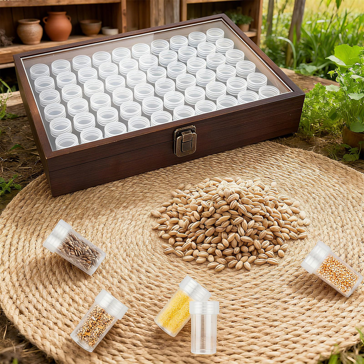Wooden Seed Storage Organizer, 60 Slots Pine Wood Box with 96 Labels & Foam Inserts, Professional Saver Kit for Gardeners – Container for Flower/Vegetable Seeds