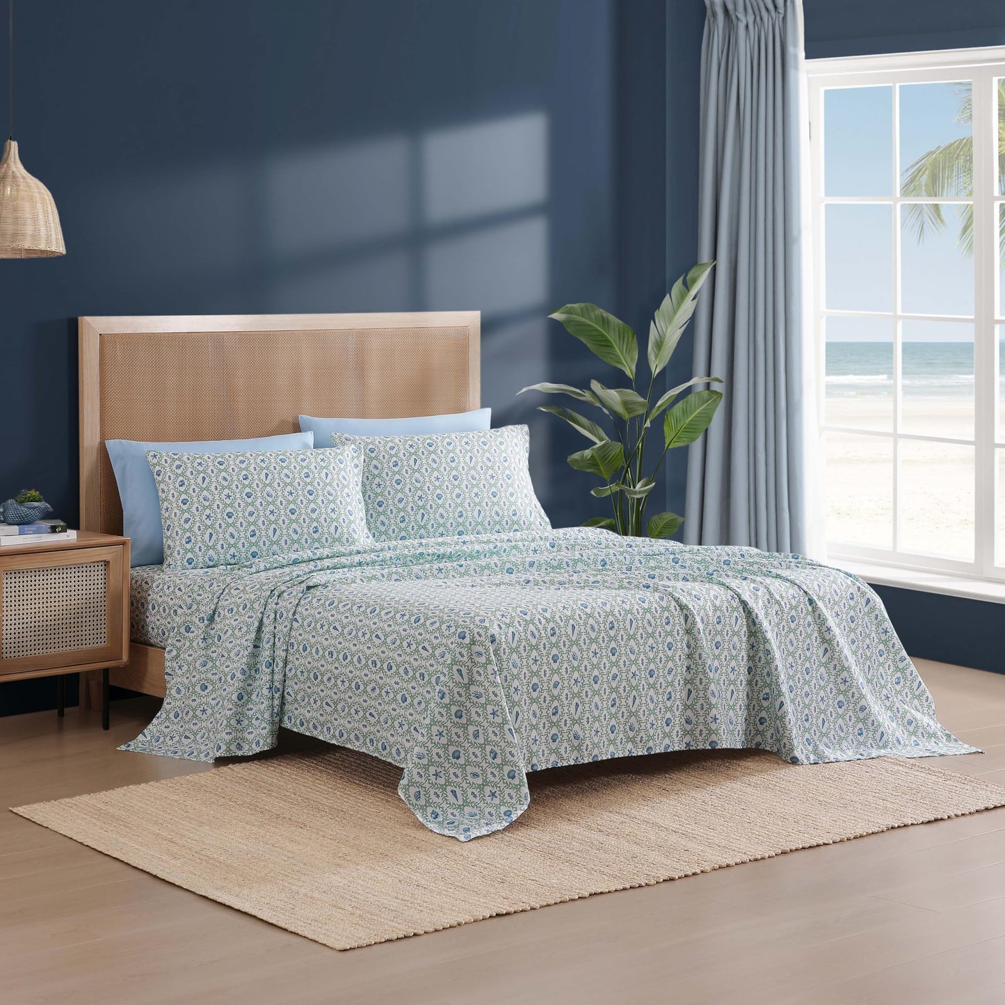 Caribbean Joe 6-Piece Sheet Set with Cooling Pillowcases, 12-inch Deep Pockets, Tropical Beach Coastal Design, Queen, Seaweed Trellis
